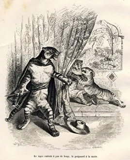 Tigre entrant sur scene le poigard a la main. Vignettes illustrees par JJ Granville. Gravure signee Godard dans la partie intitulee 'Le premier feuilleton de Pistolet' ecrit par Jules Janin in " Tigre entrant sur scene le poigard a la main. Vignettes illustrees par JJ Granville. Gravure signee Godard dans la partie intitulee 'Le premier feuilleton de Pistolet' ecrit par Jules Janin in "