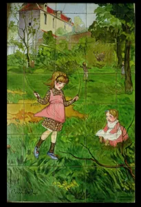 Tiles decorated with children playing in a garden (glazed ceramic) Tiles decorated with children playing in a garden (glazed ceramic)