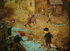 Tiles depicting children playing in the street (glazed ceramic) Tiles depicting children playing in the street (glazed ceramic)