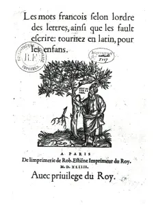 Titlepage of the first French-Latin dictionary, 1544 (engraving) (b/w photo) Titlepage of the first French-Latin dictionary, 1544 (engraving) (b/w photo)