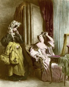The toilet: an elegant young woman with her handmaid Lithography by Achilles Deveria The toilet: an elegant young woman with her handmaid Lithography by Achilles Deveria