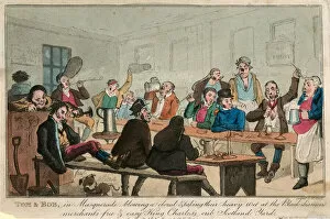 Tom and Bob in masquerade, blowing a cloud of and taking their heavy wet (coloured engraving)