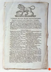 Trade card for the London Silver Plate Manufactory, 1788 (engraving) Trade card for the London Silver Plate Manufactory, 1788 (engraving)