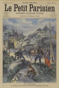 A train in America attacked by robbers using dynamite (colour litho) A train in America attacked by robbers using dynamite (colour litho)