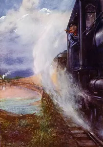 Chauffeuress Gallery: Train passing alongside the Skeena River on the Grand Trunk Pacific Railway, Canada (colour litho)