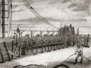 The transatlantic telegraph cable unwinding unit aboard the S.S The transatlantic telegraph cable unwinding unit aboard the S.S