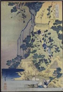 Travellers climbing up a steep hill to pay homage to a kannon shrine in a cave by Travellers climbing up a steep hill to pay homage to a kannon shrine in a cave by