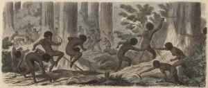 Two tribes of Australian Aborigines fighting (coloured engraving) Two tribes of Australian Aborigines fighting (coloured engraving)