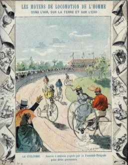 Tricycle wheelchair in Amiens, France, 1869 - From a protective sleeve for school books Tricycle wheelchair in Amiens, France, 1869 - From a protective sleeve for school books