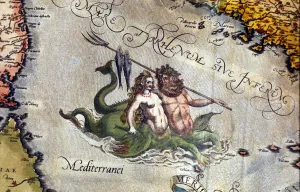 Triton and Sirene in the Mediterranean Sea. 'Theatrum Orbis Terrarum" Triton and Sirene in the Mediterranean Sea. 'Theatrum Orbis Terrarum"