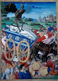 Medical Science Gallery: The Triumph of Death. Allegorical representation of Death with a fake on a hitch