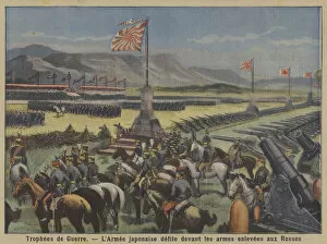 Trophies of war: the Japanese Army parading before Russian armaments captured in the Russo-Japanese War (colour litho)