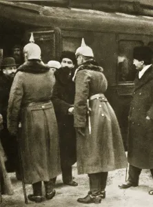 Trotsky and Russian delegates welcomed by German officers at Brest-Litovsk Trotsky and Russian delegates welcomed by German officers at Brest-Litovsk