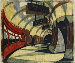 The Tube Station, c.1932 (linocut printed in colours on tissue Japan)