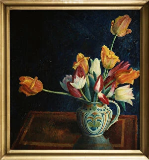 Tulips in a Staffordshire Jug (oil on canvas)