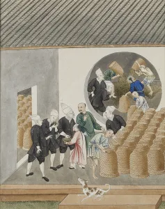 Turbanned Dutch VOC merchants smell tea for quality in a Canton (Guangzhou) tea warehouse Turbanned Dutch VOC merchants smell tea for quality in a Canton (Guangzhou) tea warehouse