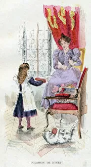 Twink's polish. A girl holds wool for her mother rolling a pelotte while the cat defeats another