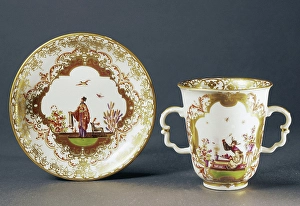 Meissen Porcelain Two-handled Cup and Saucer, 1725, Print. Art