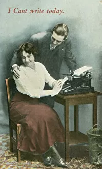 Typist being distracted (colour photo)