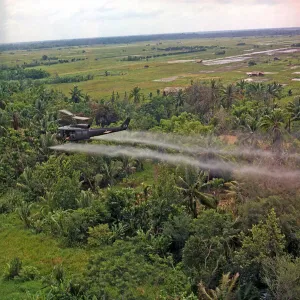 A UH-1D helicopter from the 336th Aviation Company sprays a defoliation agent on a dense A UH-1D helicopter from the 336th Aviation Company sprays a defoliation agent on a dense