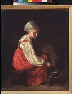 Une jeune paysanne avec un veau (A Peasant Girl With A Calf) - Peinture de Alexei Gavrilovich Venetsianov (1780-1847) Une jeune paysanne avec un veau (A Peasant Girl With A Calf) - Peinture de Alexei Gavrilovich Venetsianov (1780-1847)