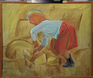 Agricultural Scene Gallery: Une moissonneuse avec une faucille sur la tete. Peinture de Alexei Fyodorovich Pakhomov (1900-1973)