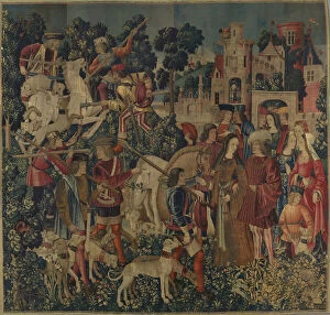 Injuries Gallery: The Unicorn is Killed and Brought to the Castle, c.1500 (wool warp with wool, silk