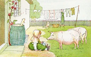 An uninvited visitor - un visiteur inattendu, une petite fille prend son gouter dans le jardin et se retrouve face a deux cochons, sa mere etend le linge - Extrait de Afternoon Tea : Rhymes for children - Livre de poemes pour enfants An uninvited visitor - un visiteur inattendu, une petite fille prend son gouter dans le jardin et se retrouve face a deux cochons, sa mere etend le linge - Extrait de Afternoon Tea : Rhymes for children - Livre de poemes pour enfants