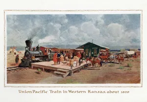 Union Pacific Train at a Kansas Depot in 1870, 1914 (screen print) Union Pacific Train at a Kansas Depot in 1870, 1914 (screen print)