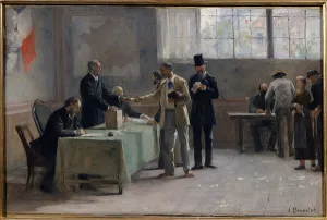 Universal suffrage: A polling station in 1889. sketch by Alfred Bramtot (1852-1894) 1889 Universal suffrage: A polling station in 1889. sketch by Alfred Bramtot (1852-1894) 1889