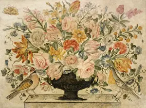 An urn containing flowers on a ledge with two birds, 1600 (w/c with gouche on paper) An urn containing flowers on a ledge with two birds, 1600 (w/c with gouche on paper)