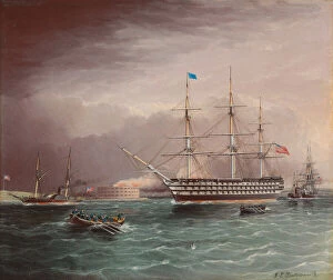 Oil On Board Gallery: The U.S.S. Pennsylvania Under Tow at the Outbreak of the American Civil War with Fort