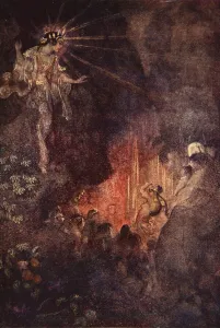 Uzuma awakens the curiosity of Ama-terasu, illustration from The Myths and Legends of Japan by F Hadland Davis Uzuma awakens the curiosity of Ama-terasu, illustration from The Myths and Legends of Japan by F Hadland Davis