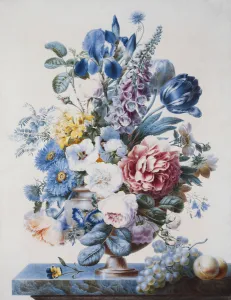 A Vase of Flowers on a Ledge with Grapes and Peaches, (watercolour on vellum) A Vase of Flowers on a Ledge with Grapes and Peaches, (watercolour on vellum)