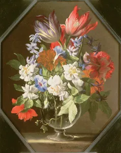 A Vase of Flowers on a Stone Ledge Containing Tulips, Chrysanthemums, Dahlias and Narcissi A Vase of Flowers on a Stone Ledge Containing Tulips, Chrysanthemums, Dahlias and Narcissi