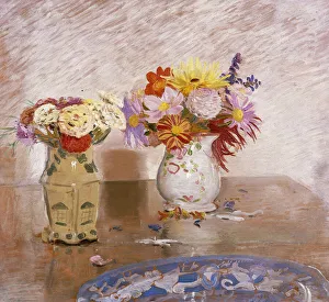 Two Vases of Flowers and a Blue Plate, 1925 (oil on panel) Two Vases of Flowers and a Blue Plate, 1925 (oil on panel)