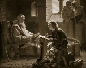 The Venerable Bede translating the Gospel, illustration from Hutchinson' The Venerable Bede translating the Gospel, illustration from Hutchinson'