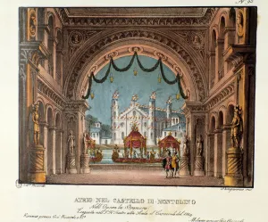 The vestibule of the castle of Montolino in Brittany. Scenography in 1829 of the opera La The vestibule of the castle of Montolino in Brittany. Scenography in 1829 of the opera La
