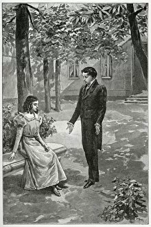 Victor Hugo declaring his love to Adele Foucher, 19th Century (b / w engraving)