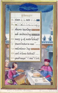 A Victorian calendar sheet for February with an illustration from the Book of Hours of A Victorian calendar sheet for February with an illustration from the Book of Hours of