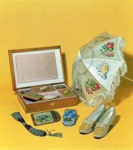 Victorian carriage parasol, bead bag, cardcase and shoes Victorian carriage parasol, bead bag, cardcase and shoes