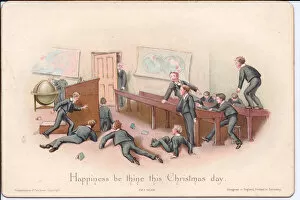 School Uniform Collection: A Victorian Christmas card of a headmaster looking at unruly boys in a classroom, c