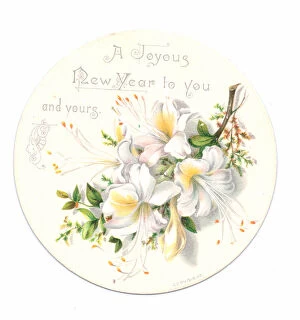 Victorian circular New Year card of lillies, c.1900 (colour litho)