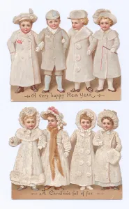 A Victorian Die-cut shape Christmas and New Year card of eight children wearing bonnets A Victorian Die-cut shape Christmas and New Year card of eight children wearing bonnets