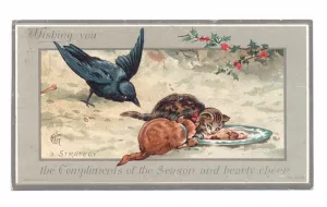 Victorian greeting card of a crow coming upon two cats eating from a plate, c Victorian greeting card of a crow coming upon two cats eating from a plate, c