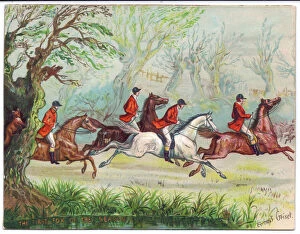 Huntsmen Gallery: A Victorian greeting card of fox hunters racing by while the fox hides in a tree, c