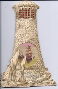A Victorian hold-to-light Christmas Card of sailing ships and a lighthouse A Victorian hold-to-light Christmas Card of sailing ships and a lighthouse