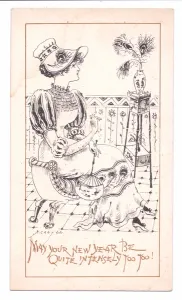 Victorian New Year Card of an Aesthetic admiring a vase of peacock feathers, c Victorian New Year Card of an Aesthetic admiring a vase of peacock feathers, c