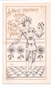Victorian New Year Card of an Aesthetic artist painting, c.1881 (monochrome) Victorian New Year Card of an Aesthetic artist painting, c.1881 (monochrome)