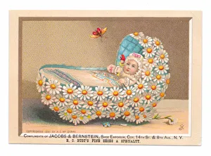 A Victorian trade advertising card of a baby in a crib decorated with daisies holding a A Victorian trade advertising card of a baby in a crib decorated with daisies holding a